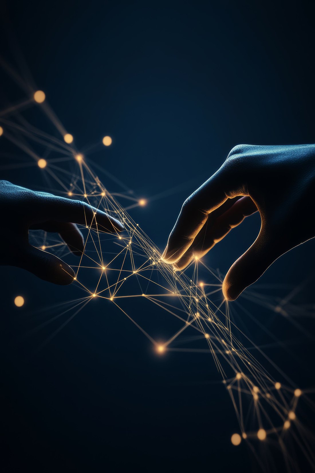 Two hands reaching towards each other through a network of glowing connections