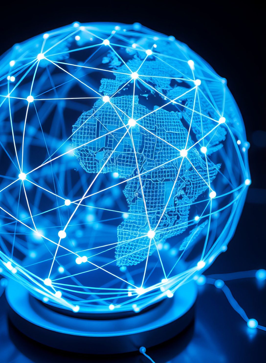 Illuminated globe wrapped in a mesh of connected points