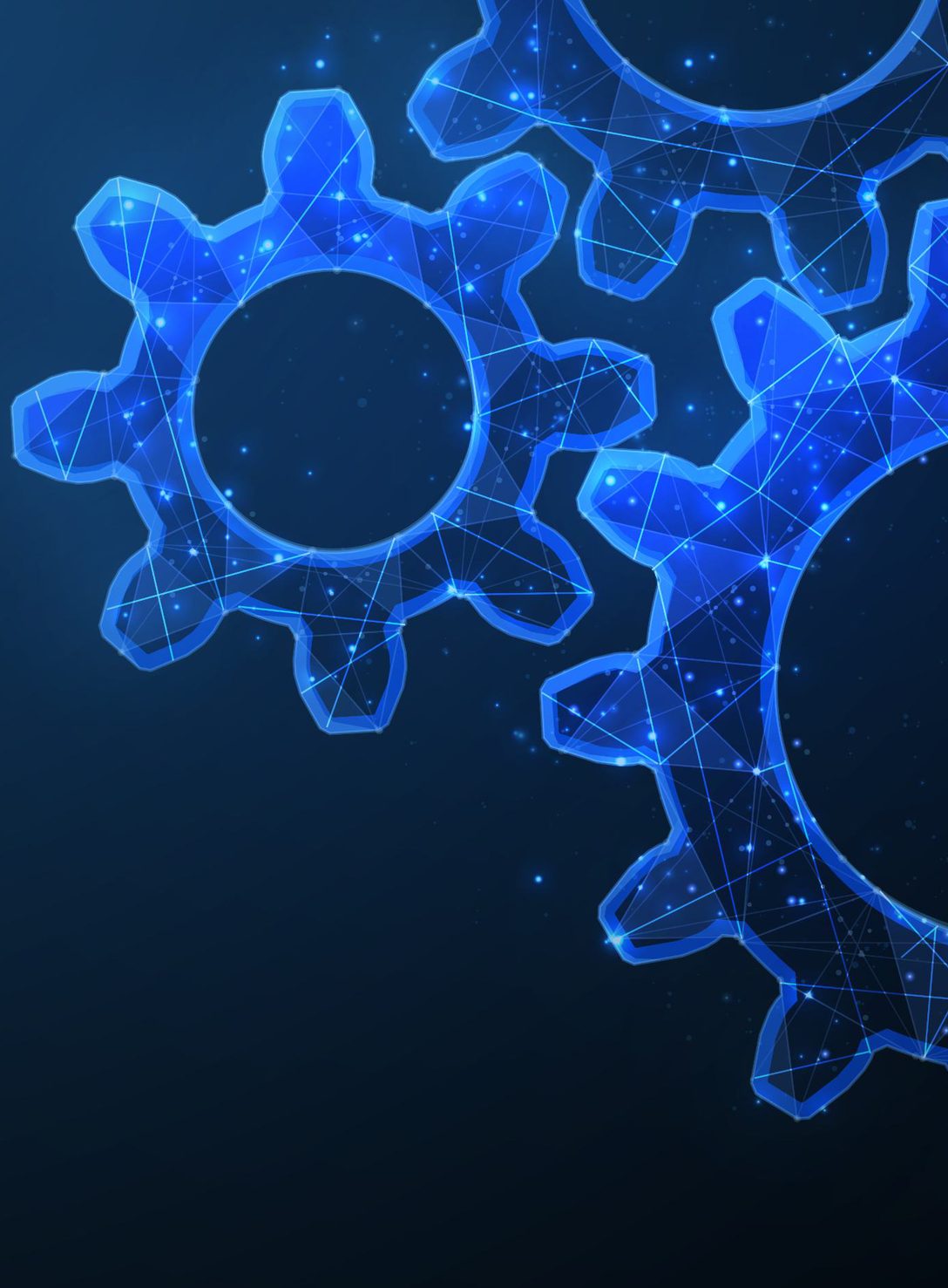 Interlocking digital gears rendered in blue light